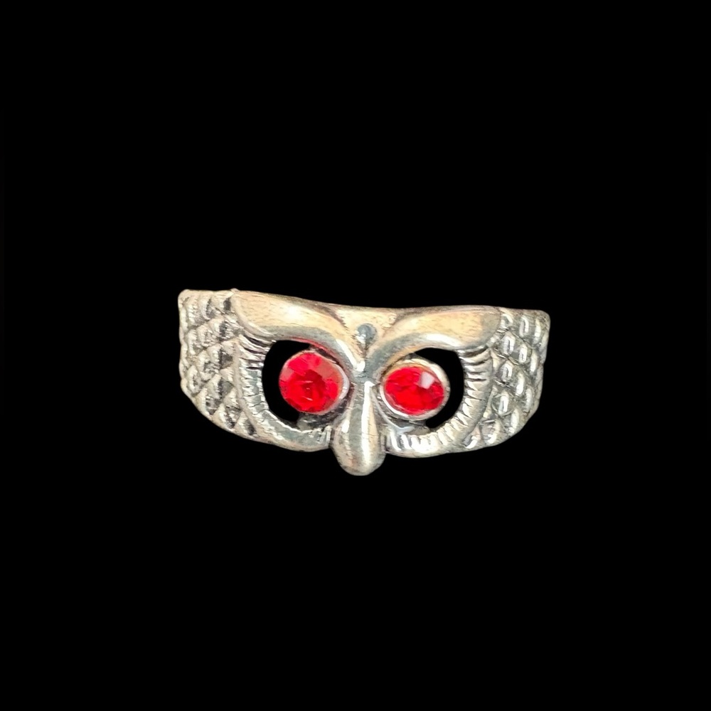 Silver Owl Ring with Red Accents